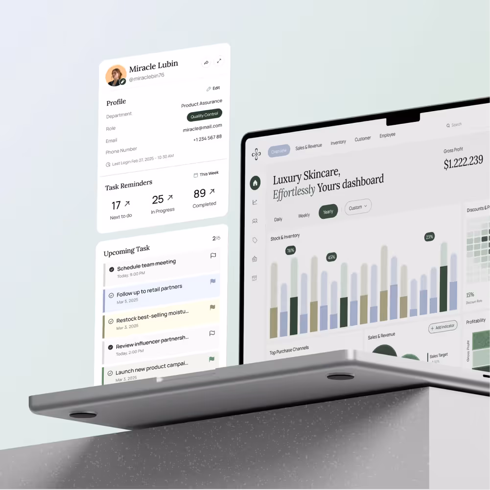Side view of an open laptop displaying a dashboard with sales charts, task reminders, and a user profile of Miracle Lubin.