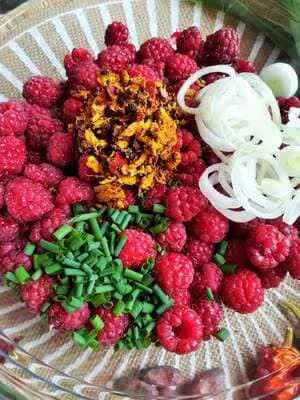 Kaktugi de framboises à la fève crue de cacao, au piment d'Espelette et au gingembre