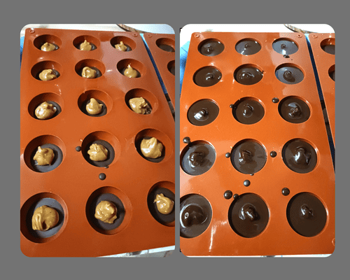 Mise en moule des dômes de chocolat cru