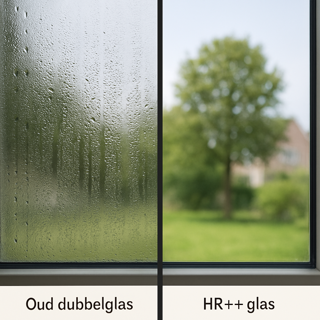 A split-view image. The left side shows a window pane with condensation and water droplets, labeled 'Old double-glazing'. The right side shows a perfectly clear window pane, labeled 'HR++ glass'.