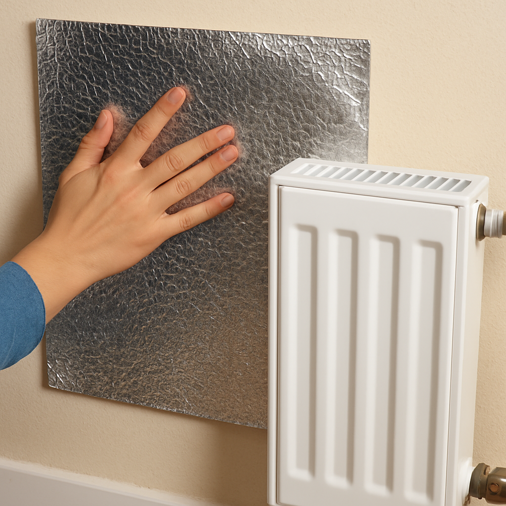A simple, clear photo of a hand pressing silver radiator foil onto the wall behind a white radiator