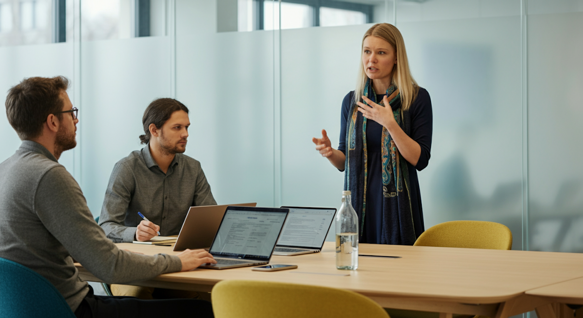 En kvinna står och talar medan två män sitter och lyssnar vid ett mötesbord med bärbara datorer.
