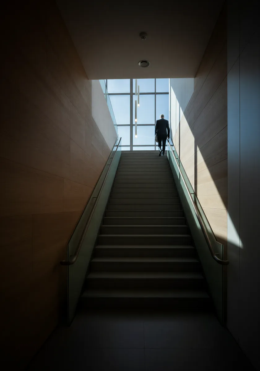 En man i kostym går uppför en trappa i en modern byggnad med stora fönster och solljus som skapar skuggor på väggarna.