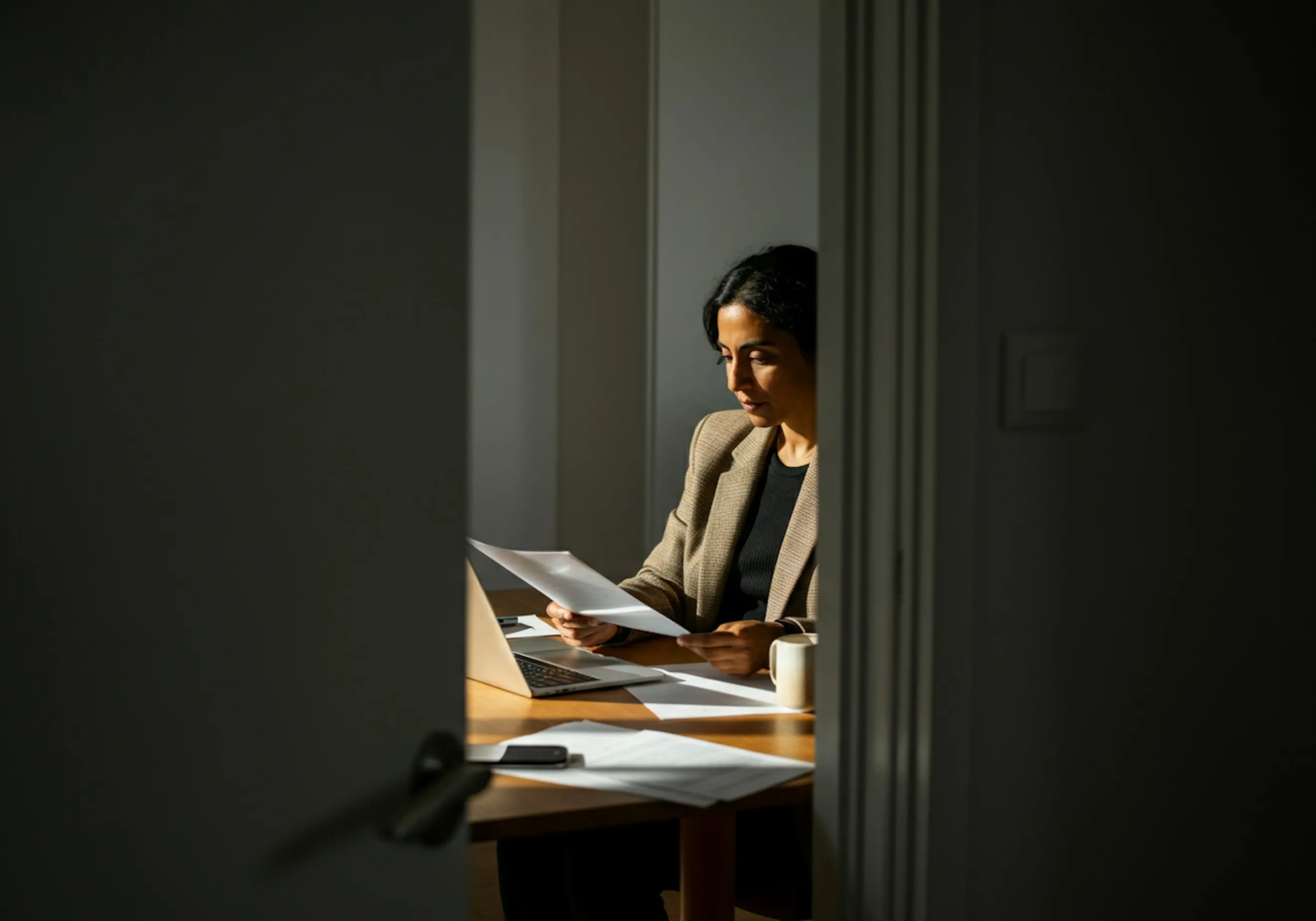 Kvinna läser dokument vid ett bord med en öppen laptop och en kaffemugg i ett svagt upplyst rum.