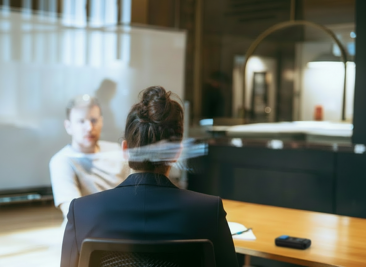Två personer i ett möte, syns genom en glasvägg med reflektioner i ett kontorsrum.