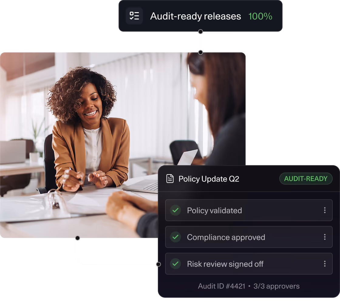 Colleagues in a meeting beside an audit-readiness checklist