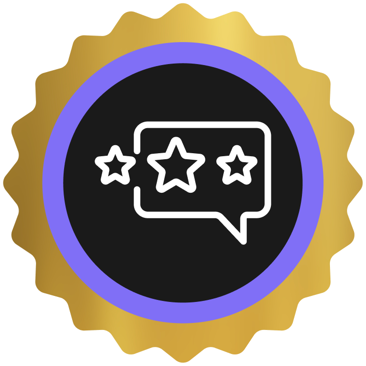 Gold badge with a black center featuring a speech bubble with three stars inside.