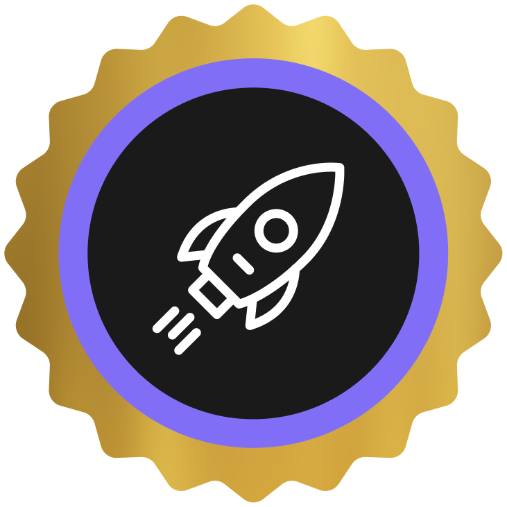 Gold badge with purple ring featuring a white rocket icon on a black background.