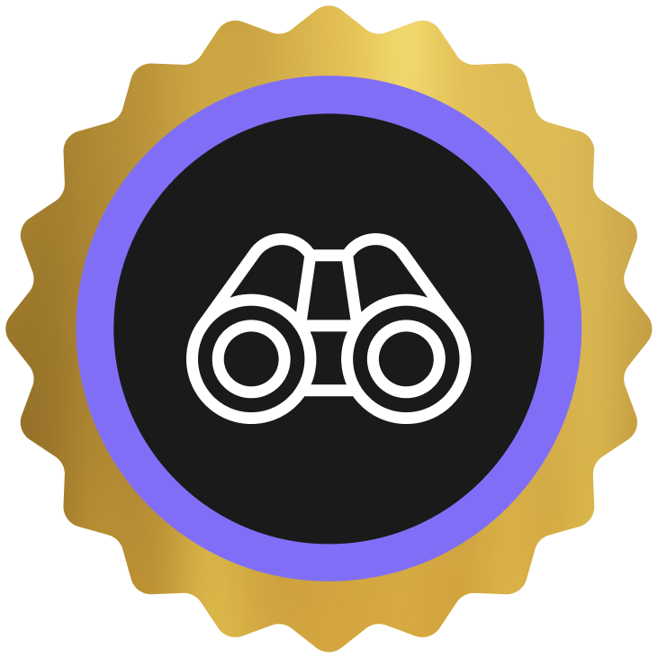 White binoculars icon in black circle with purple border and gold scalloped edge.