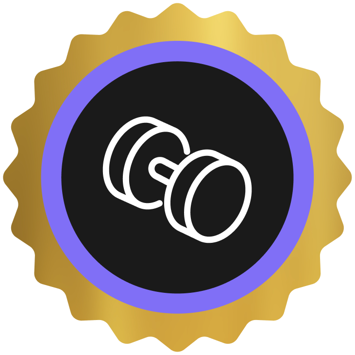 White dumbbell icon inside a black circle with a purple ring and a gold scalloped edge badge.