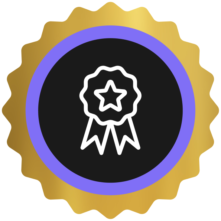 Gold award badge with a purple ring featuring a white star ribbon icon in the center.