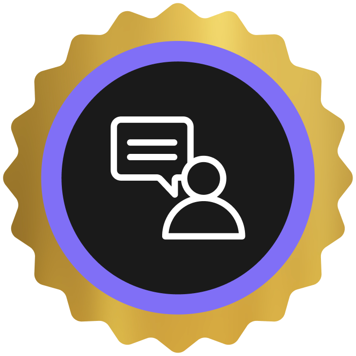 Gold badge with purple border featuring a white person icon and speech bubble inside a black circle.