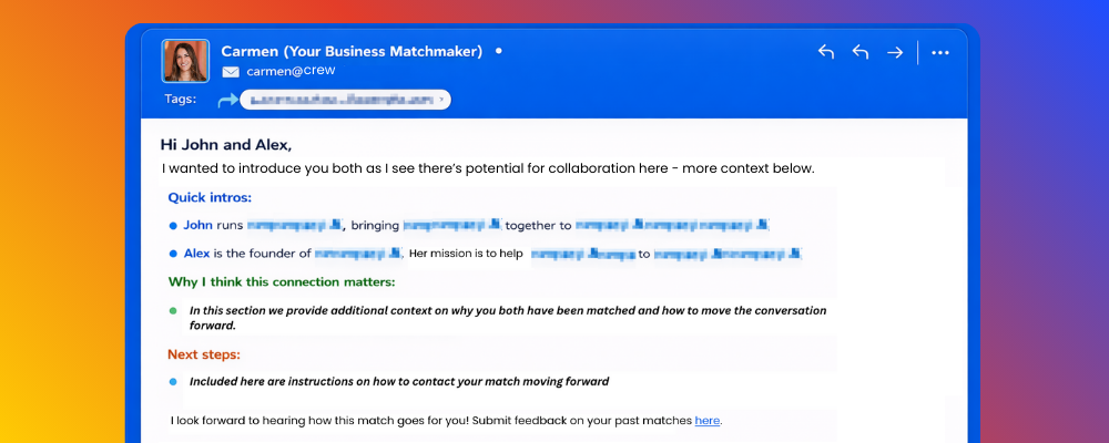 Email from business matchmaker Carmen introducing two founders John and Alex for a potential business collaboration with key points on connection reasons and next steps.