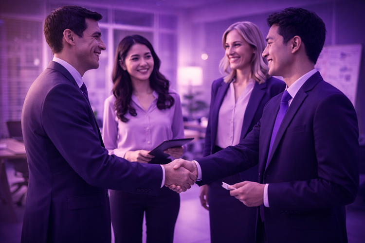 Two businessmen in suits shaking hands in an office while two businesswomen stand nearby smiling.