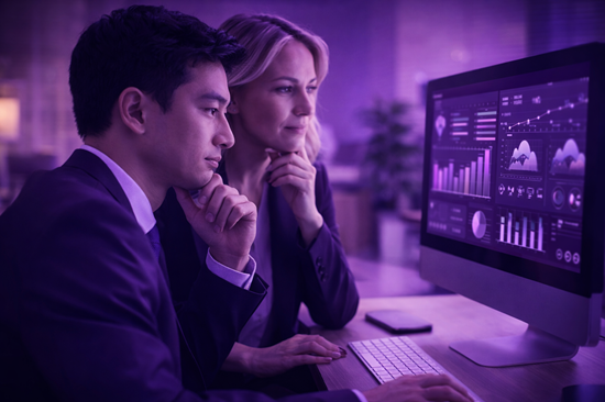 Two business professionals analyzing data charts on a desktop computer screen in an office.
