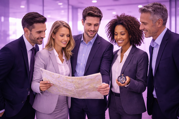 Five business professionals in suits looking at a map, with one woman holding a compass indoors.