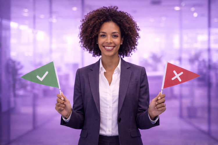 Smiling businesswoman holding a green flag with a checkmark in one hand and a red flag with an X in the other.