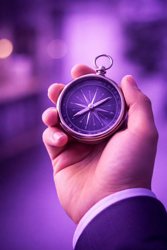 Hand holding a silver compass with a purple background and a person wearing a suit.