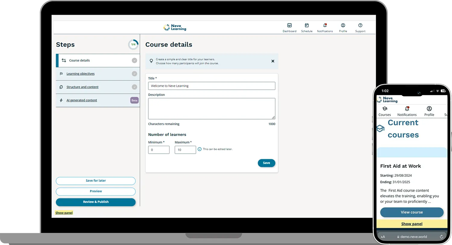 Neve Learning dashboard