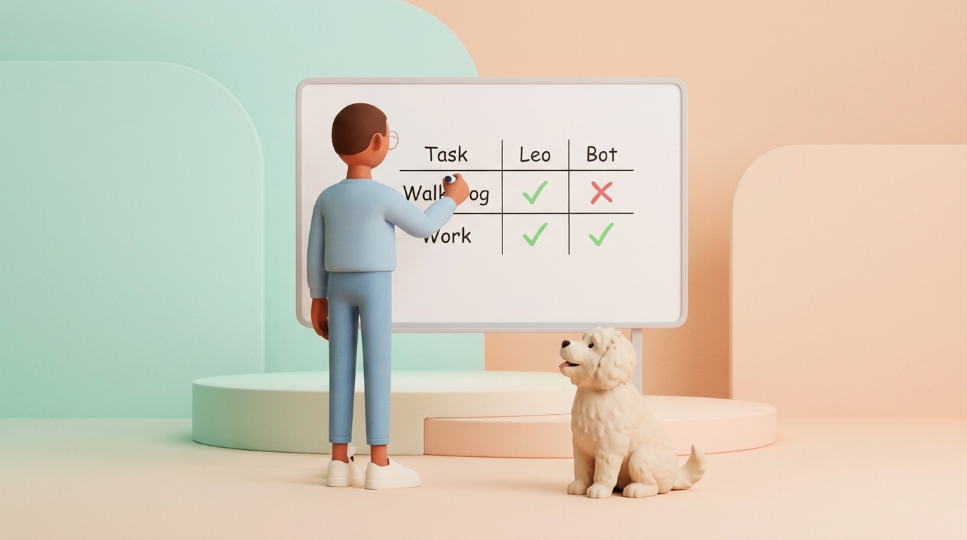 Leo explaining the 3-column ICP framework on a whiteboard, with Dog sitting nearby