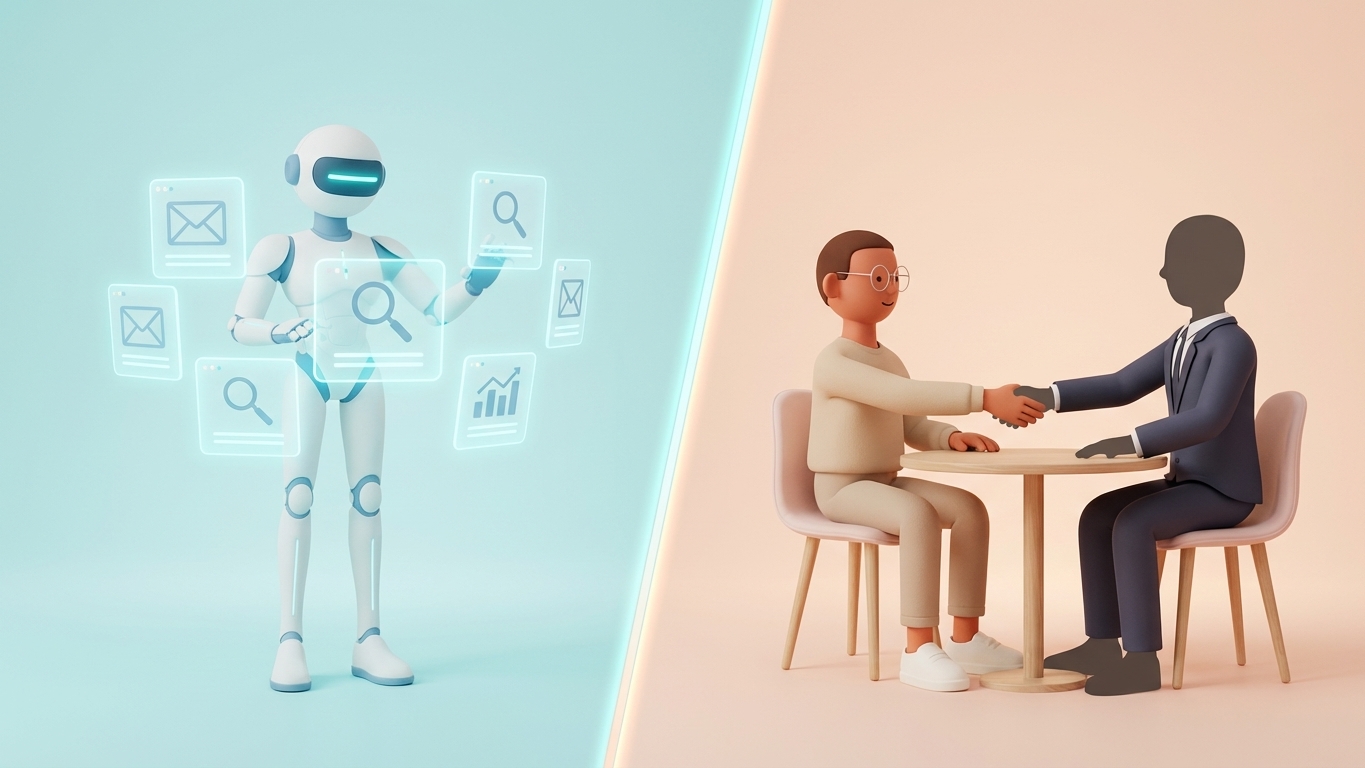 Rob-in handles automated prospecting tasks while Leo negotiates with a business partner - illustrating the AI automation divide in sales