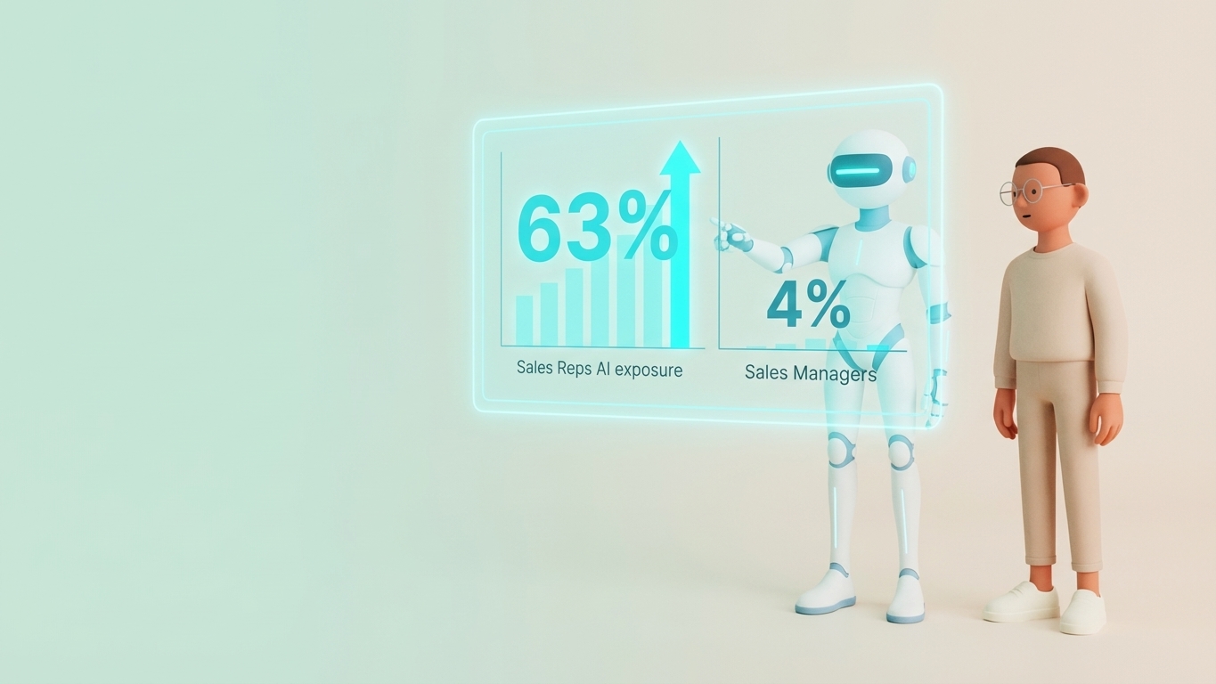 Sales Reps at 63% AI exposure vs Sales Managers at 4% - Leo and Rob-in reviewing holographic data display showing the contrast