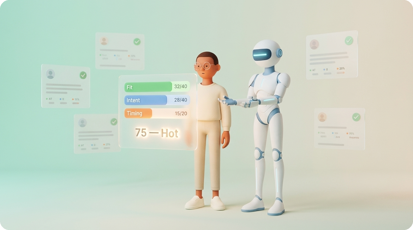 Leo and Rob-in reviewing a lead qualification scorecard showing Fit, Intent, and Timing scores