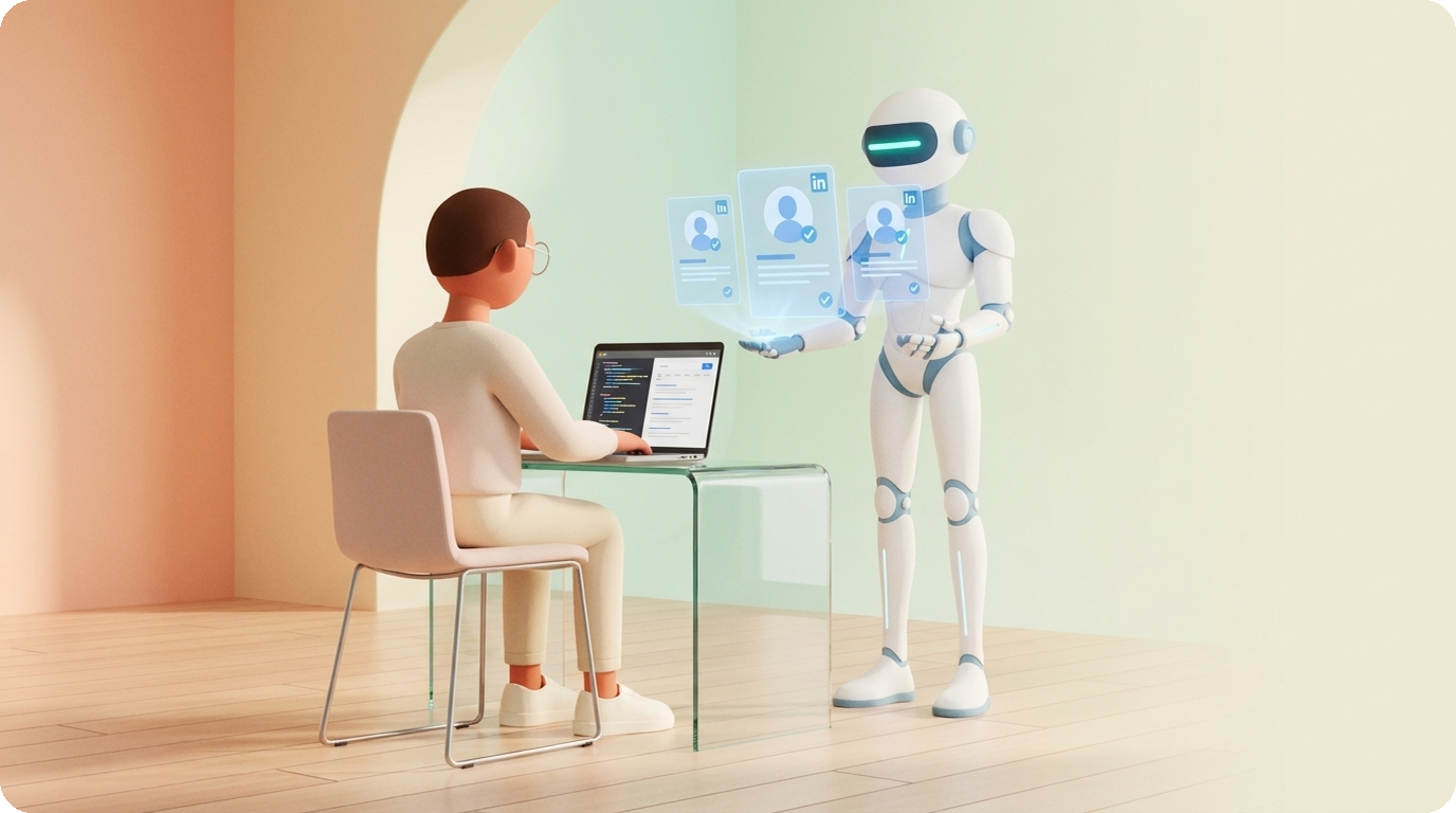 Leo at desk with laptop showing code while Rob-in projects holographic LinkedIn profile cards