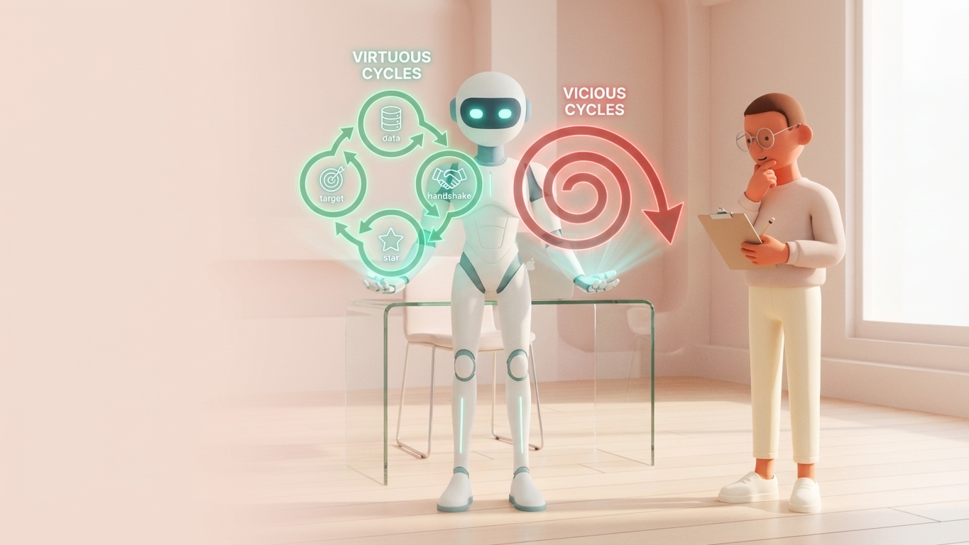 Rob-in showing a circular diagram with five connected subsystems and feedback arrows between them, Leo taking notes on a clipboard