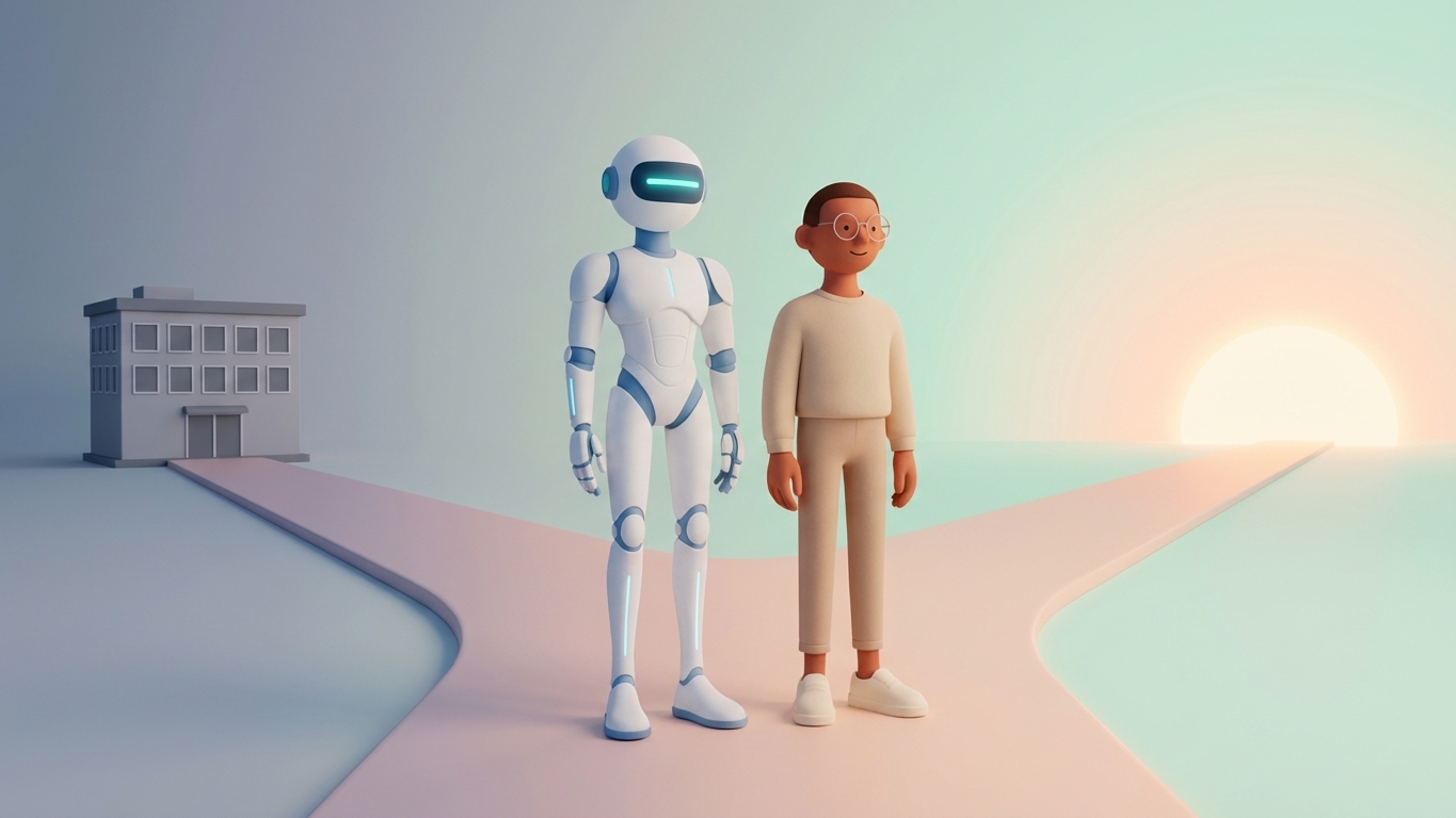 Rob-in and Leo at a fork in the road, choosing the path toward a glowing pastel sunrise