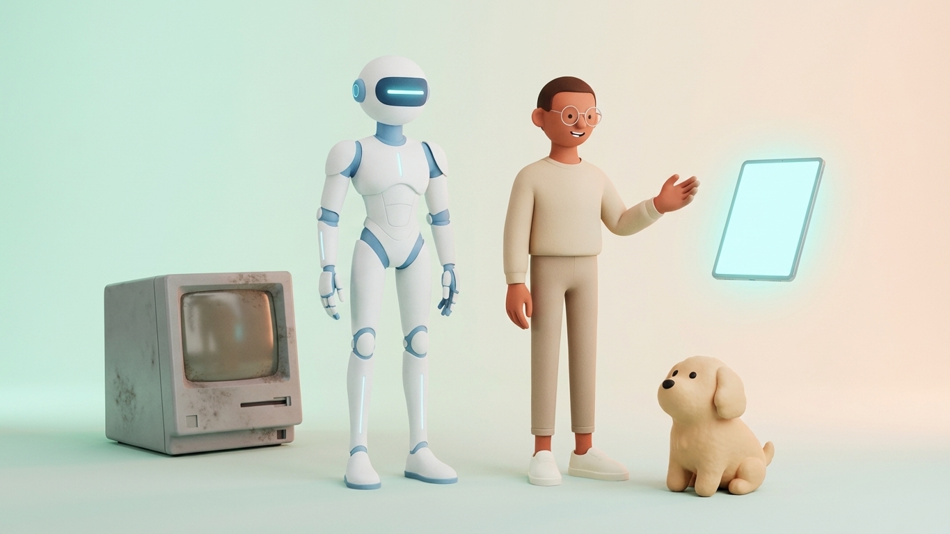 Leo and Rob-in compare a dated sales tool to a glowing AI-native tablet, with Dog watching