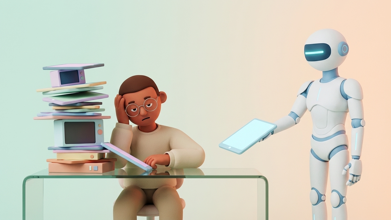 Leo overwhelmed by a tall stack of mismatched sales tools while Rob-in offers a single clean tablet