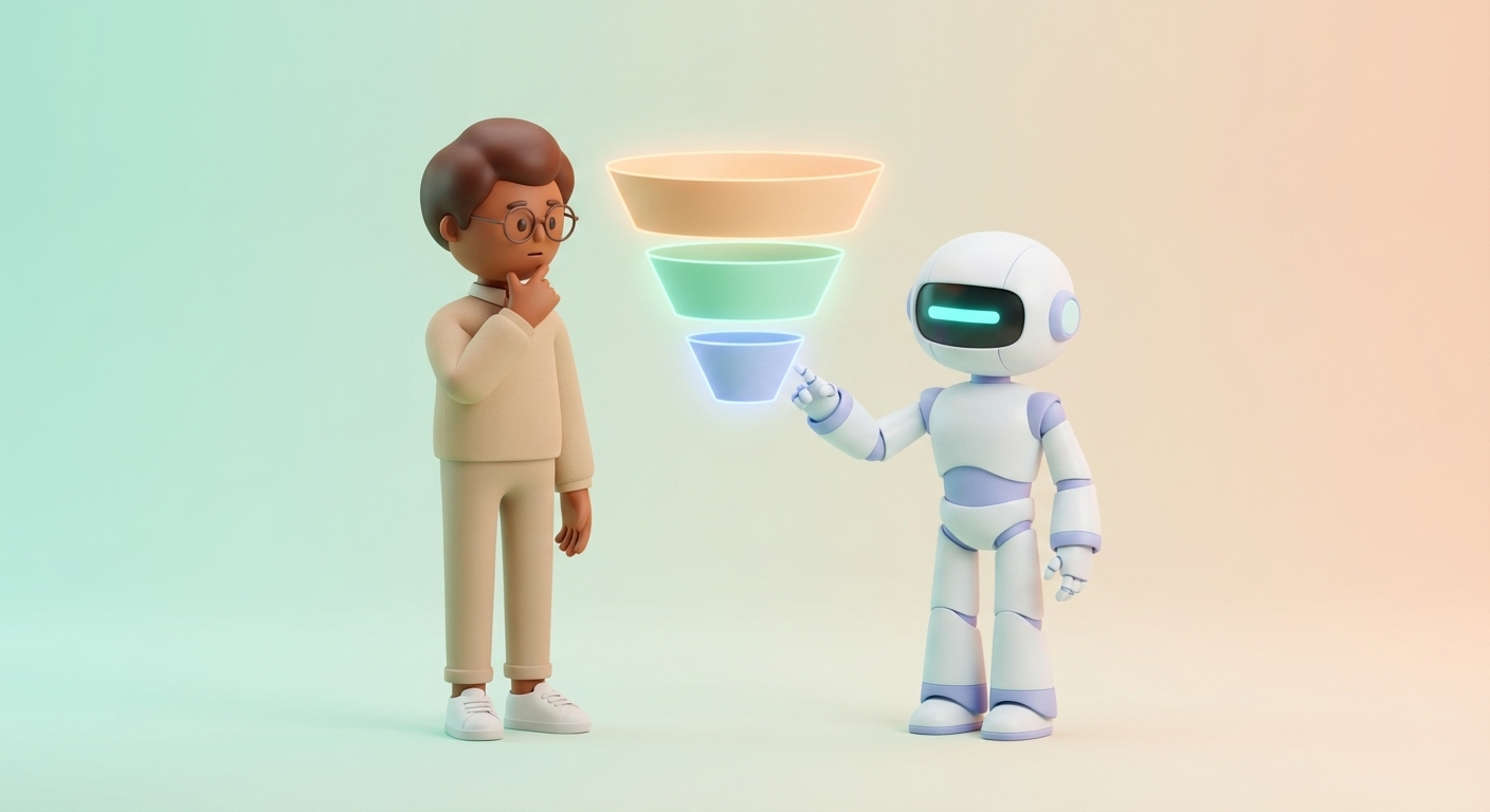 Rob-in pointing to a three-tier holographic lead qualification funnel while Leo watches