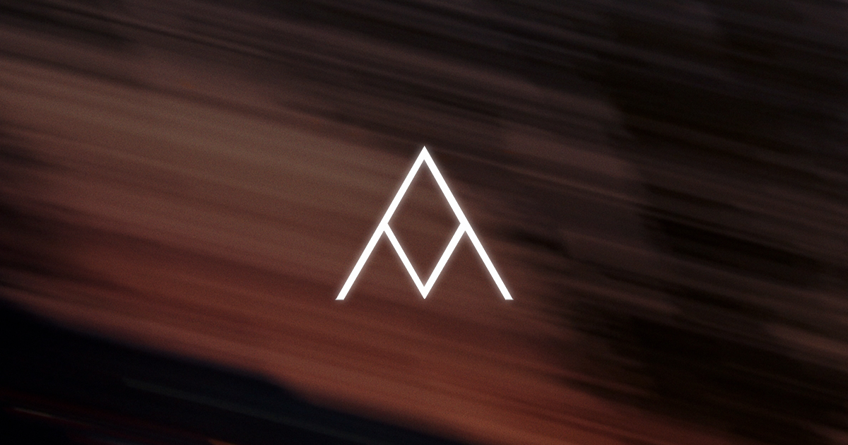 White geometric logo with intersecting lines forming a stylized letter A on a blurred dark reddish-brown background.
