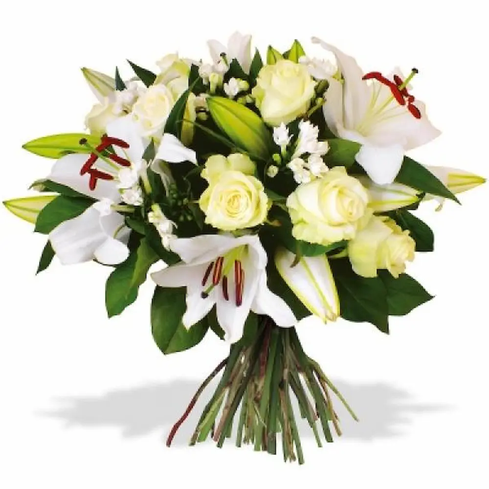 Bouquet élégant de roses blanches et de lys blancs avec feuillage vert parfait pour un cadeau à Genève avec livraison de fleurs dans toute la Suisse