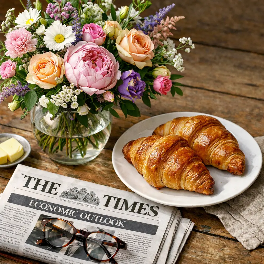 Bouquet de fleurs sur une table avec croissants et café pour une ambiance matin douce à Genève avec livraison de fleurs dans toute la Suisse