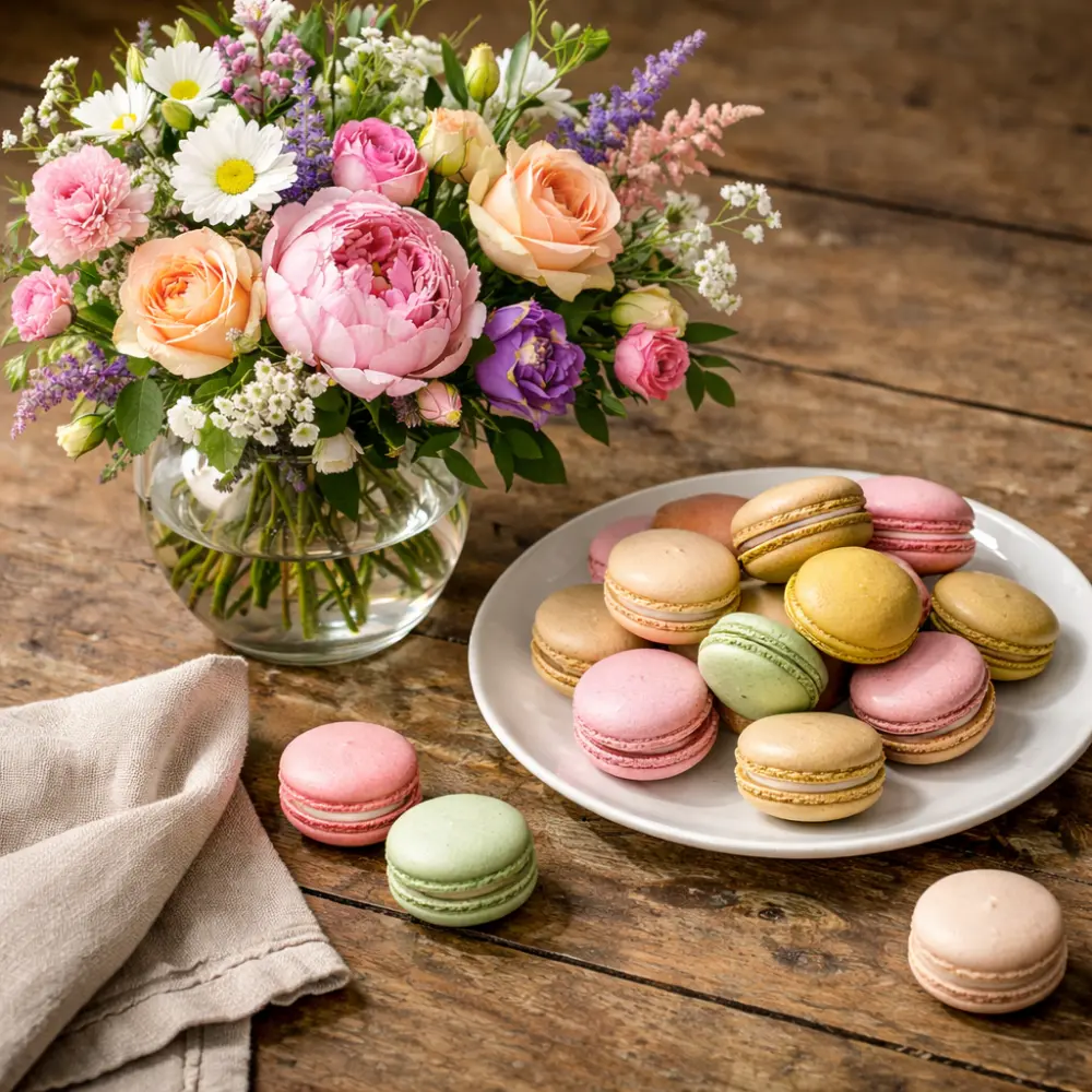 Bouquet de fleurs avec macarons colorés, idée cadeau gourmande à Genève avec livraison de fleurs dans toute la Suisse