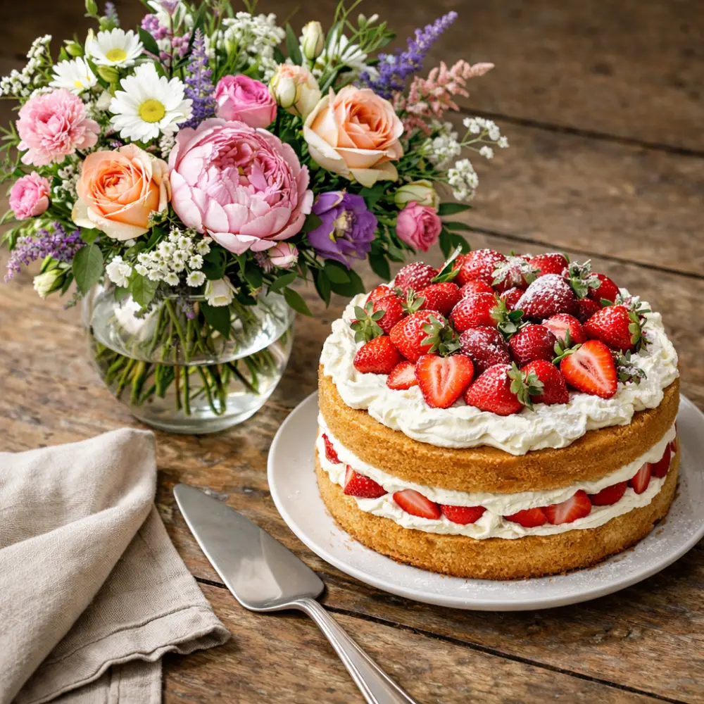 Bouquet de fleurs avec gâteau aux fraises, idée cadeau gourmande à Genève avec livraison de fleurs dans toute la Suisse