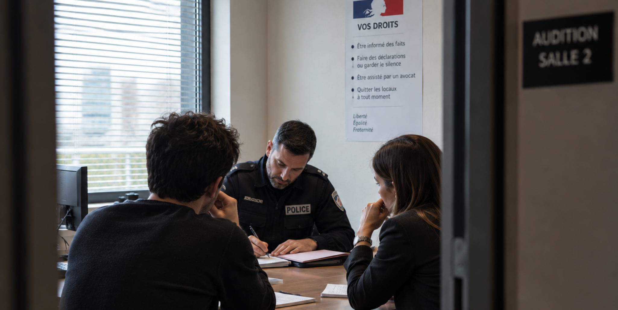 Avocat avec un client dans une audition libre de droit à Paris