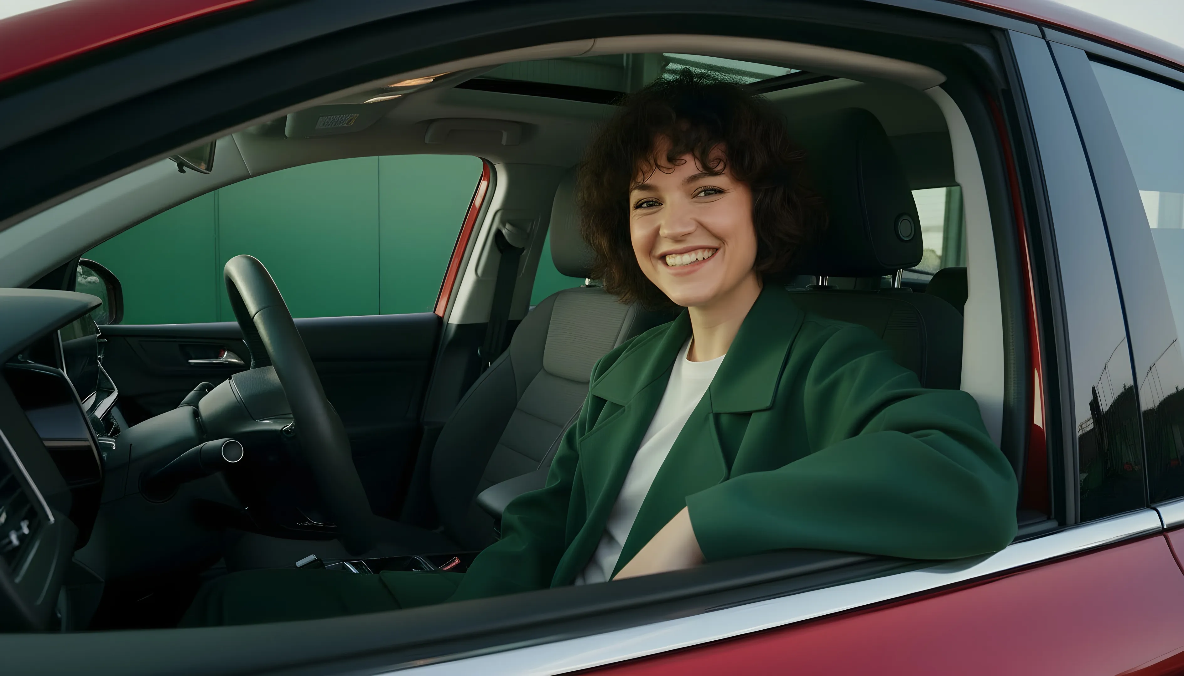 A woman sitting happy in a car.