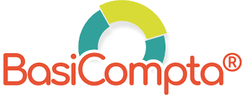 Logo BasiCompta avec un graphique circulaire en segments bleu-vert et jaune au-dessus du texte.