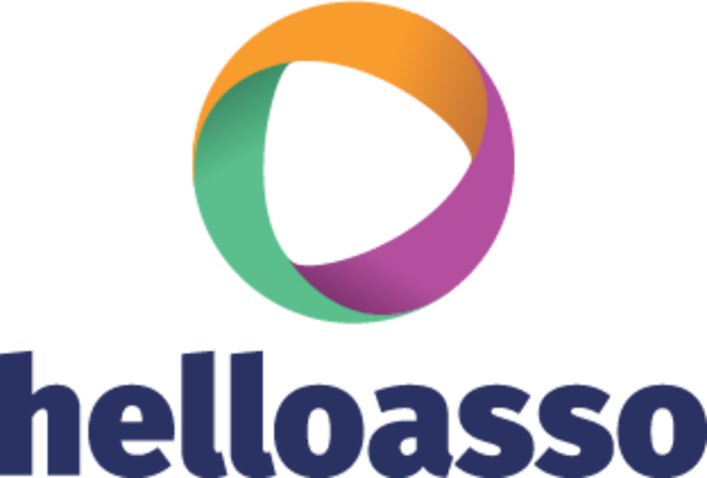 Logo de HelloAsso avec un cercle coloré en orange, vert et violet au-dessus du texte bleu foncé.