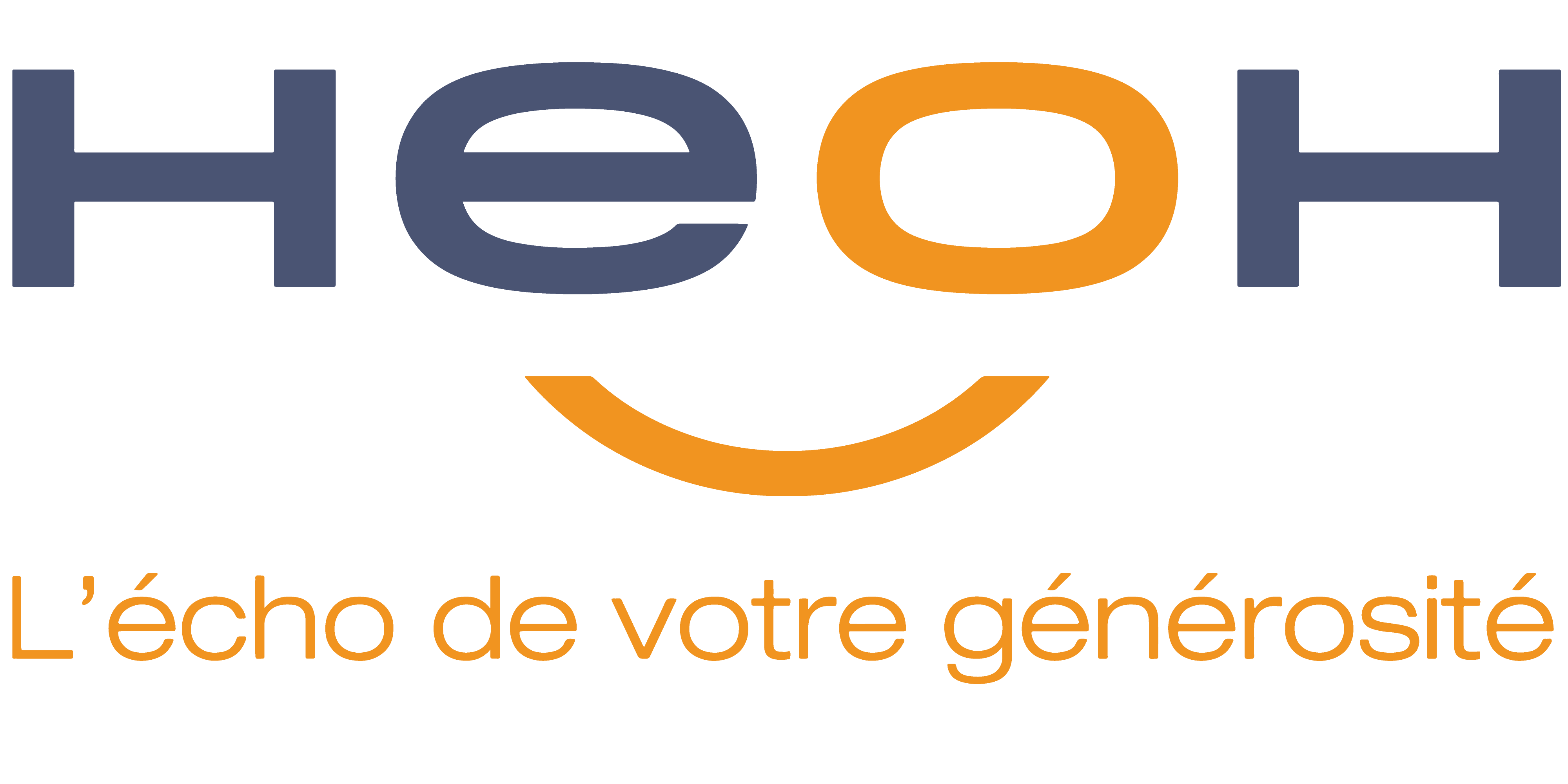 Logo HEoH avec un sourire stylisé orange sous le 'o', texte orange en dessous disant L'écho de votre générosité.