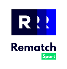 Logo Rematch avec un grand R blanc sur fond bleu foncé et dégradé bleu, texte Rematch en noir et Sport en vert.