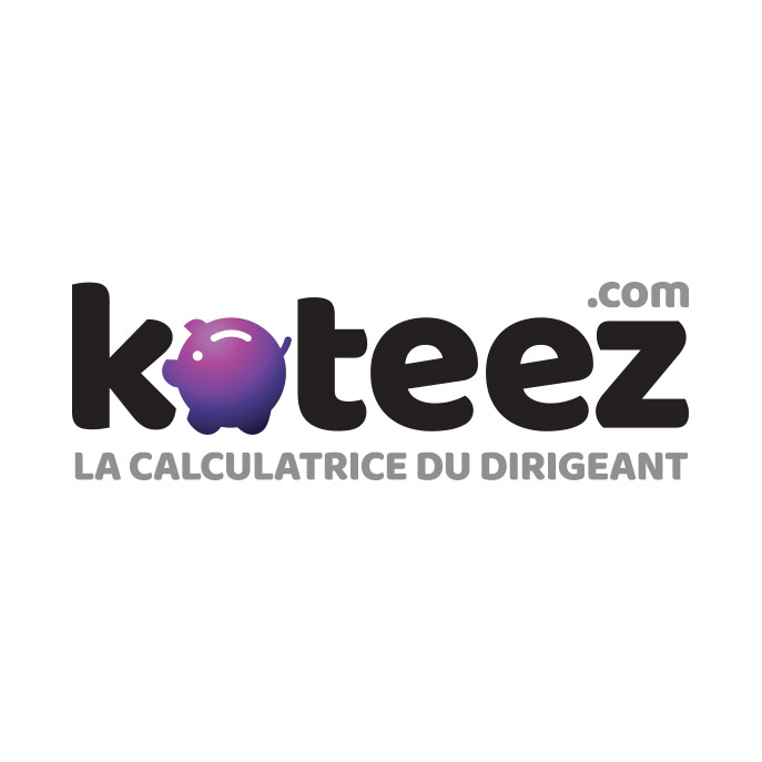 Logo de Koteez avec un cochon tirelire stylisé en dégradé violet, et le slogan « La calculatrice du dirigeant » en dessous.