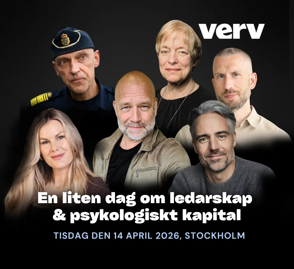 Porträtt av sex personer mot svart bakgrund med texten 'En liten dag om ledarskap & psykologiskt kapital, tisdag den 14 april 2026, Stockholm' ett event som arrangeras av Verv