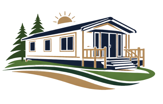 Tiny house with wooden porch, pine trees, and sunrise in background