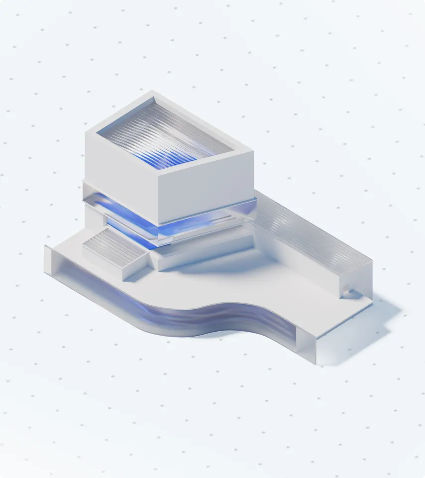 3D model of a modern architectural structure with rectangular and wavy transparent blue and white elements on a dotted white surface.