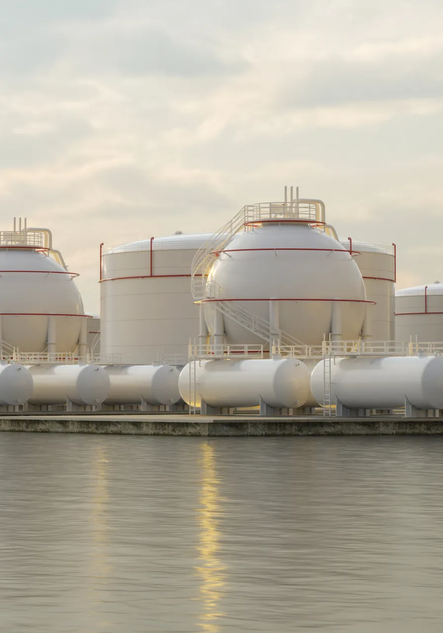 Large industrial chemical storage tanks and spherical gas holders near a body of water under a cloudy sky.