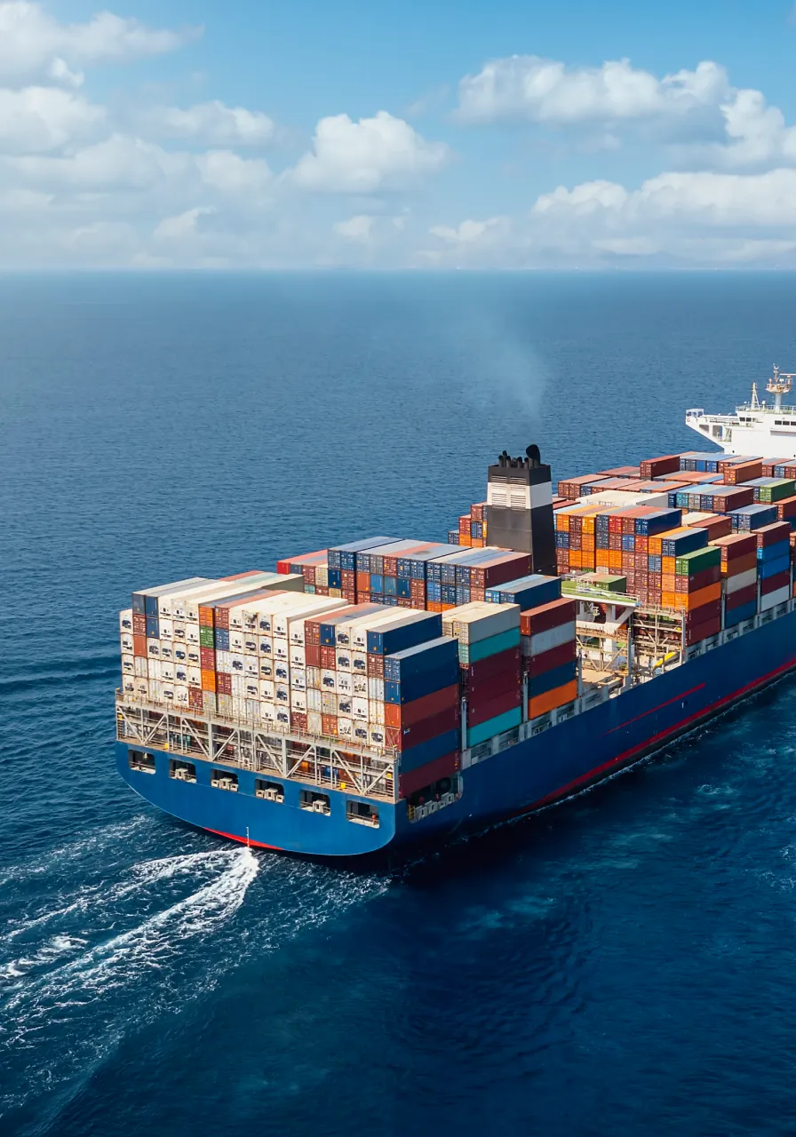 Large container ship loaded with multicolored shipping containers sailing on a calm ocean under a blue sky with scattered clouds.